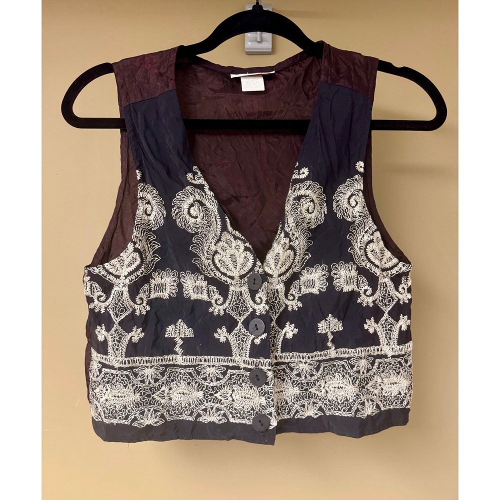 Vintage Cindy Collins Black Embroidered Boho‎ Hippie Vest Women's Medium